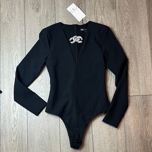 Zara Black Bodysuit with Silver Accents Xs long sleeve  nwt